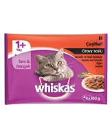 تصویر  پک 4 عددی پوچ Whiskas مخصوص گربه تهیه شده از گوشت مرغ، گوسفند، گوساله و بوقلمون در سس گوشت - 400 گرم