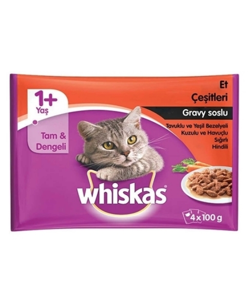 تصویر  پک 4 عددی پوچ Whiskas مخصوص گربه تهیه شده از گوشت مرغ، گوسفند، گوساله و بوقلمون در سس گوشت - 400 گرم