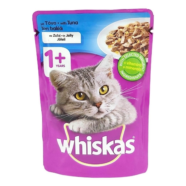 تصویر پوچ Whiskas مخصوص گربه بالغ تهیه شده از ماهی تن در ژله - 100 گرم 