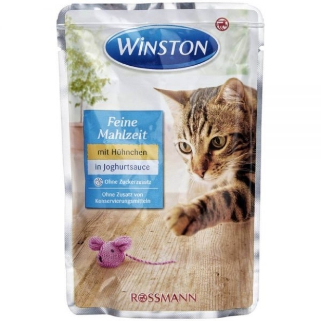 تصویر  پوچ مخصوص گربه winston تهیه شده از مرغ در سس ماست - 100 گرم