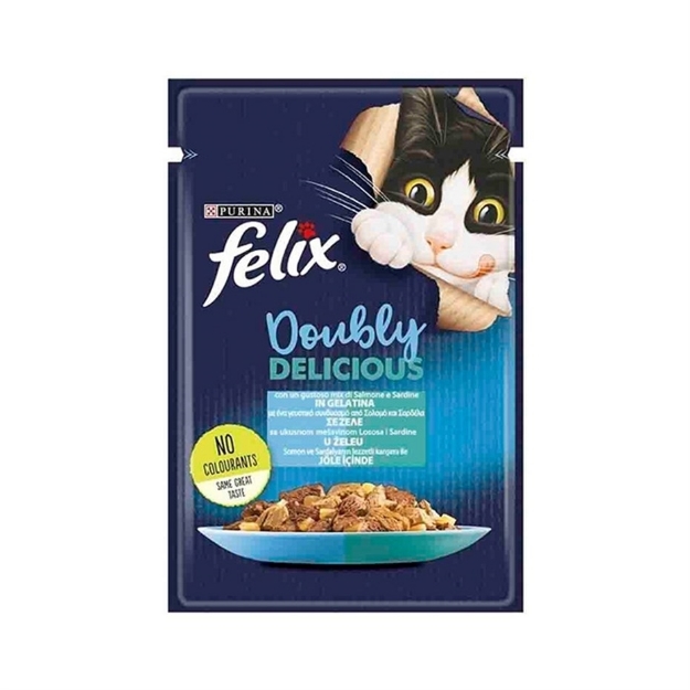 تصویر پوچ Felix مخصوص گربه تهیه شده از ماهی سالمون و ماهی ساردین در ژله -وزن 85گرم 