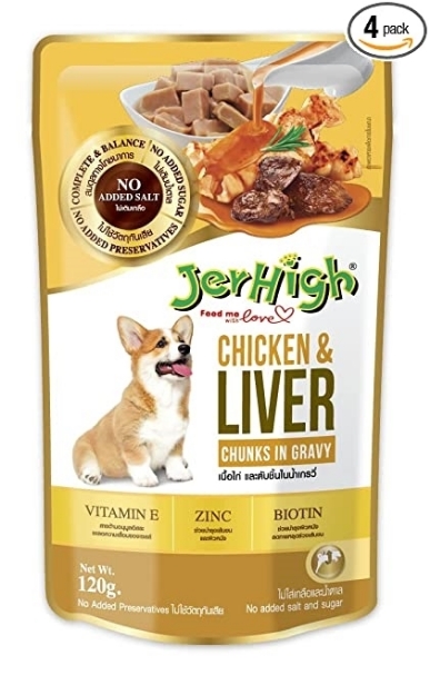 تصویر پوچ Jerhigh مخصوص سگ بالغ مدل Chunk تهیه شده از مرغ و جگر در سس -وزن  120 گرم 