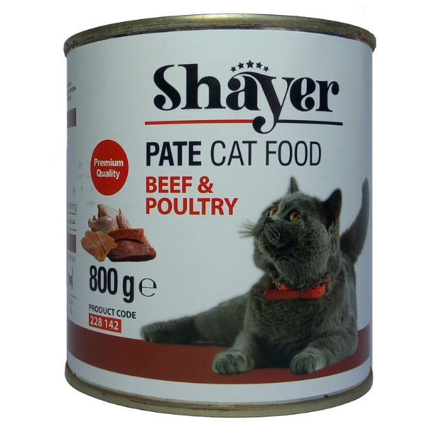 تصویر  کنسرو Shayer مدل پته تهیه شده از گوشت و ماهی ماکیان مخصوص گربه - 800 گرم