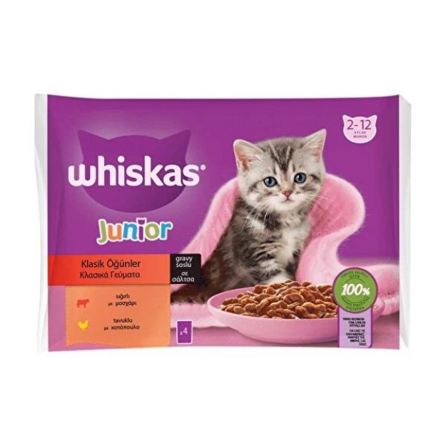 تصویر  پوچ مولتی پک مخصوص بچه گربه Whiskas مدل Junior Multipack تهیه شده از گوشت گوساله و مرغ - 4*85 گرم