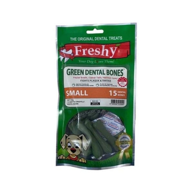 تصویر  تشویقی مخصوص سگ Freshy مدل Green Dental Bone خوشب کننده دهان و از بین برنده جرم و پلاک دندان تهیه شده از راوهاید - 105 گرم
