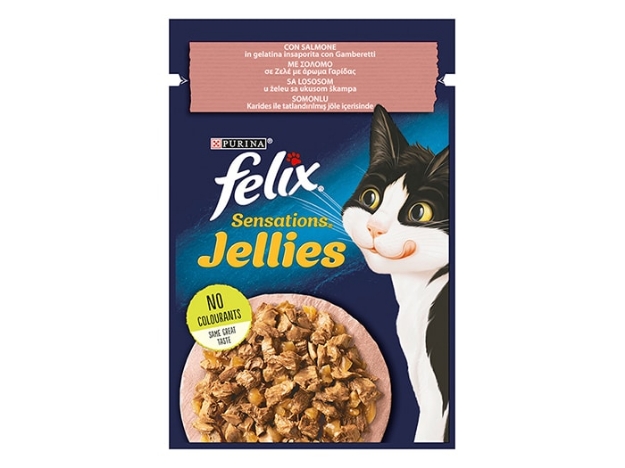 تصویر پوچ Felix مخصوص گربه های بالغ مدل Sensations تهیه شده از ماهی سالمون - وزن 85گرم 