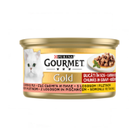 تصویر کنسرو Gourmet Gold مخصوص گربه بالغ مدل تکه‌ای تهیه شده ازمرغ و ماهی سالمون در سس - 85 گرم