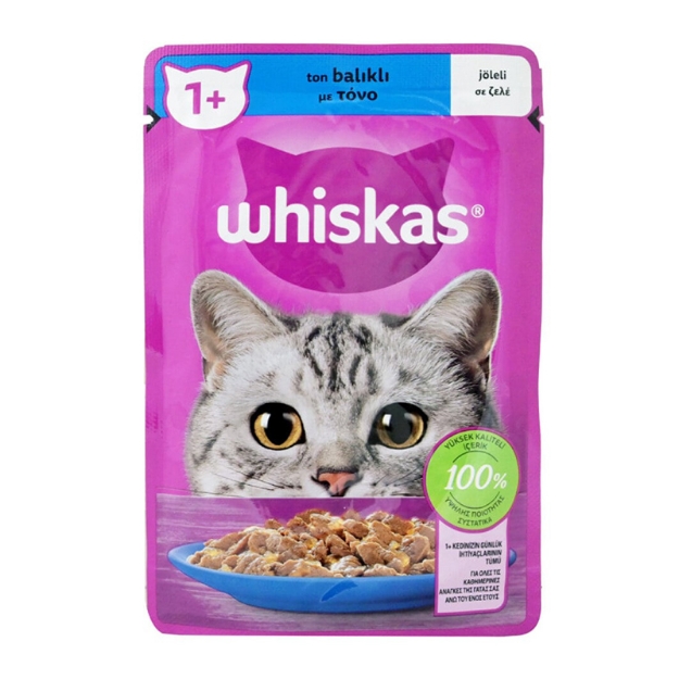 تصویر پوچ Whiskas مخصوص گربه بالغ  تهیه شده از ماهی تن در ژله - وزن 85 گرم 