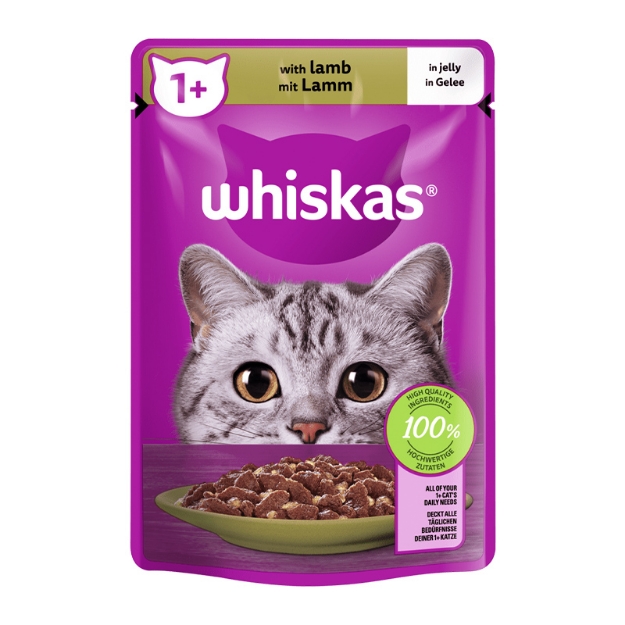 تصویر پوچ Whiskas مخصوص گربه بالغ تهیه شده از گوشت بره در ژله - وزن 85 گرم 