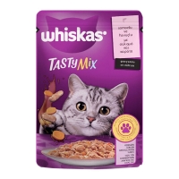 تصویر پوچ Whiskas مخصوص گربه بالغ  مدل Tasty Mix تهیه شده از ماهی سالمون و هویج در سس - وزن 85 گرم 