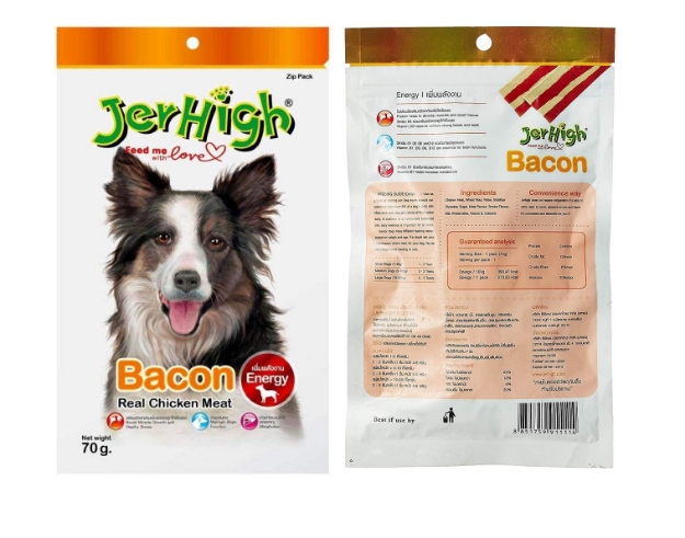 تصویر  تشویقی Jerhigh مدل Bacon تهیه شده از مرغ مخصوص سگ-70 گرم-محصول تایلند