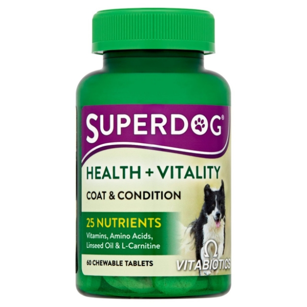 تصویر  قرص مکمل تقویت کننده پوست و مو و سیستم ایمنی SuperDog مدل Health+Vitality مخصوص سگ-60 عددی