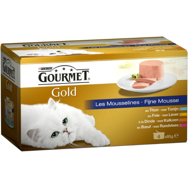 تصویر کنسرو گربه Gourmet با طعم های ماهی تن، جگر، فیله بوقلمون، فیله گوساله - بسته 4 عددی