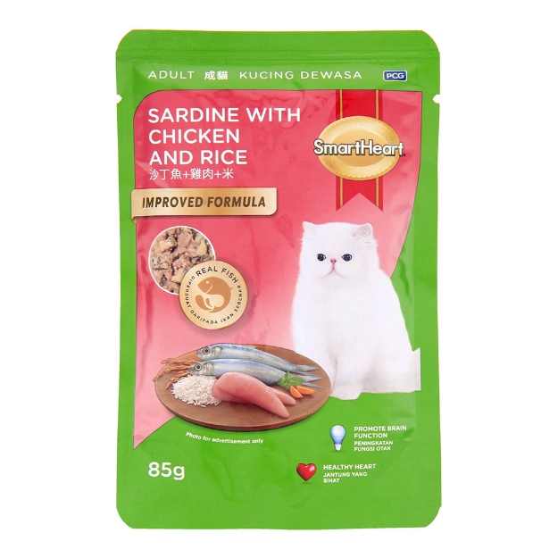 تصویر پوچ مخصوص گربه SmartHeart با طعم ماهی ساردین، مرغ و برنج - 85 گرم