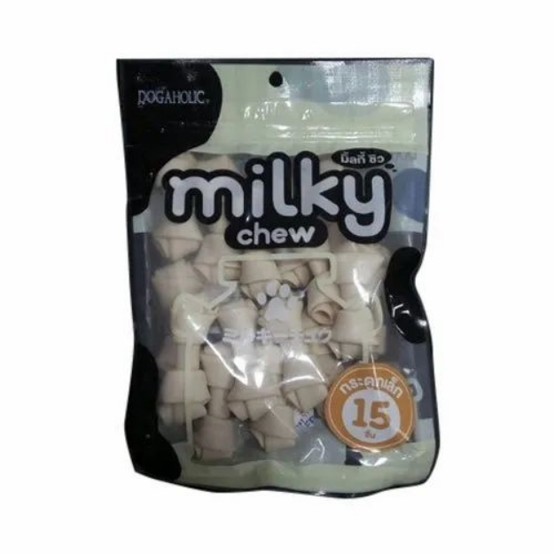 تصویر تشویقی Milky chew مخصوص سگ مدل استخوان گره ای با طعم شیر 