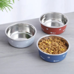  تصویر ظرف استیل Roz Pet مدل ترمزدار با روکش چرم میکاسا سایز کوچک - 12 سانتی متر 