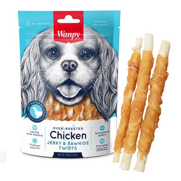 تصویر تشویقی Wanpy مخصوص سگ مدل Chicken Jerky & Rawhide tweested تهیه شده از راوهاید میله ای با دورپیچ مرغ - 400 گرم 