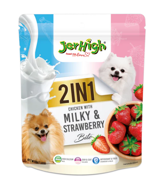 تشویقی لقمه ای 2 در 1 Jerhigh مدل Chicken with Milkey & Strawberry Bites مخصوص سگ تهیه شده از مرغ با طعم شیر و توت فرنگی - 380 گرم