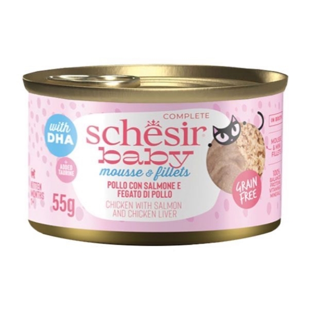 کنسرو Schesir مدل Baby تهیه شده از جگر مرغ و ماهی سالمون موس و فیله مخصوص بچه گربه - 55 گرم