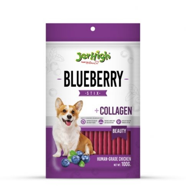تشویقی استیکی Jerhigh مدل Blueberry Stix تهیه شده از مرغ با طعم بلوبری غنی شده با کلاژن برای زیبایی - 100 گرم