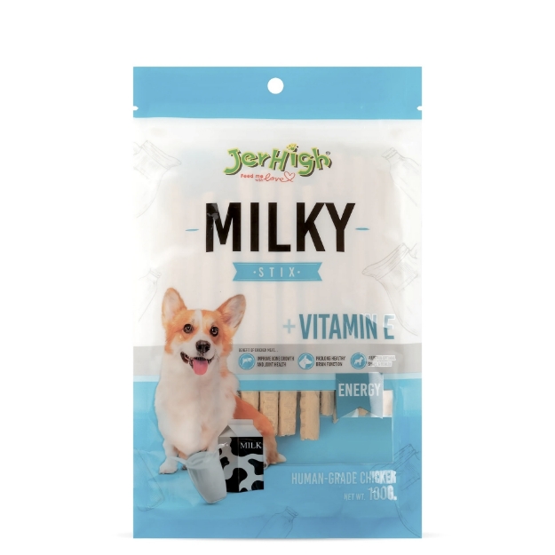 تشویقی استیکی Jerhigh مدل Milky Chicken Stix تهیه شده از مرغ با طعم شیر غنی شده با ویتامین E برای انرژی - 100 گرم