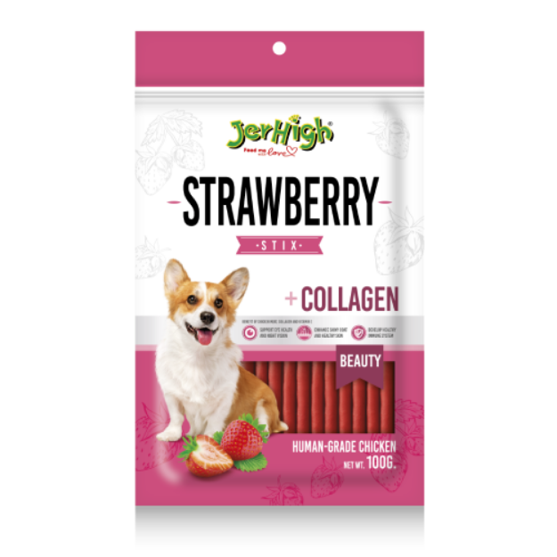 تشویقی استیکی Jerhigh مدل Strawberry Stix تهیه شده از مرغ با طعم توت فرنگی غنی شده با کلاژن برای زیبایی - 100 گرم