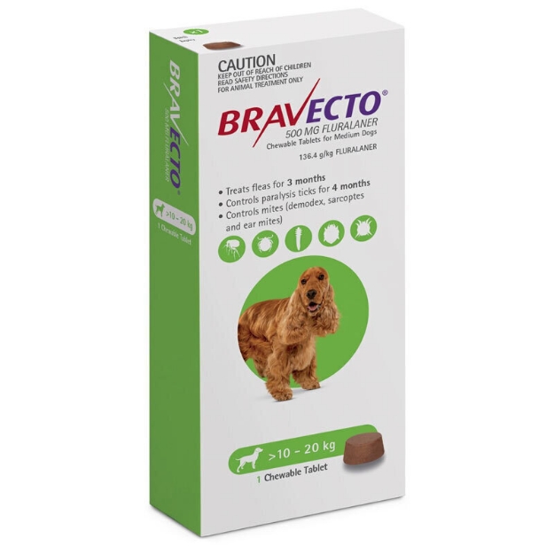 قرص جویدنی MSD مدل Bravecto 500 mg مخصوص سگ با وزن 10 تا 20 کیلوگرم - 1 عدد