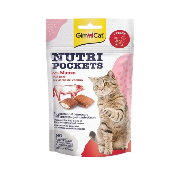 تشویقی بالشتی مغزدار GimCat مدل Nutri Pockets با طعم گوشت گاو مخصوص گربه - 60 گرم