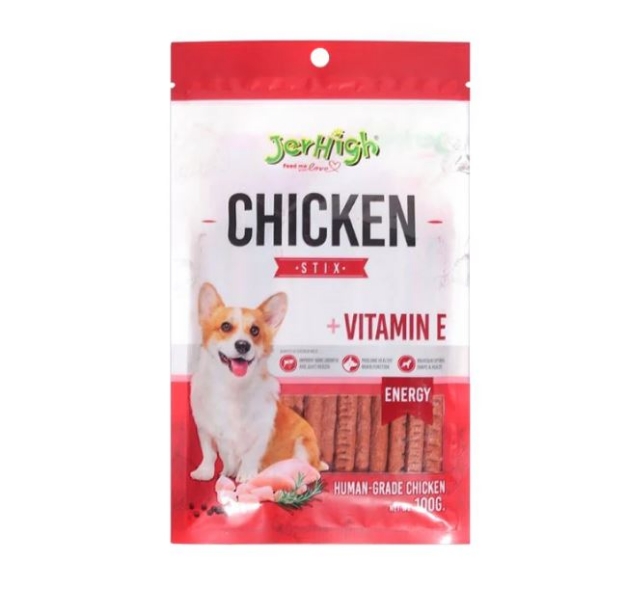 	تشویقی استیکی Jerhigh مدل Chicken Stix تهیه شده از مرغ غنی شده با ویتامین E برای انرژی - 100 گرم
