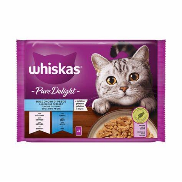 تصویر  مولتی پک پوچ Whiskas مدل Salmon & Tuna Multipack مخصوص گربه بالغ تهیه شده از ماهی سالمون و ماهی تن - 4*85 گرم